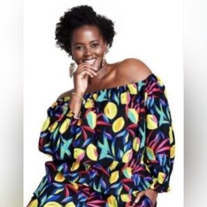 Tabitha Brown Vibrant  Lemon Print Women's Bardot Top.   Size-1X